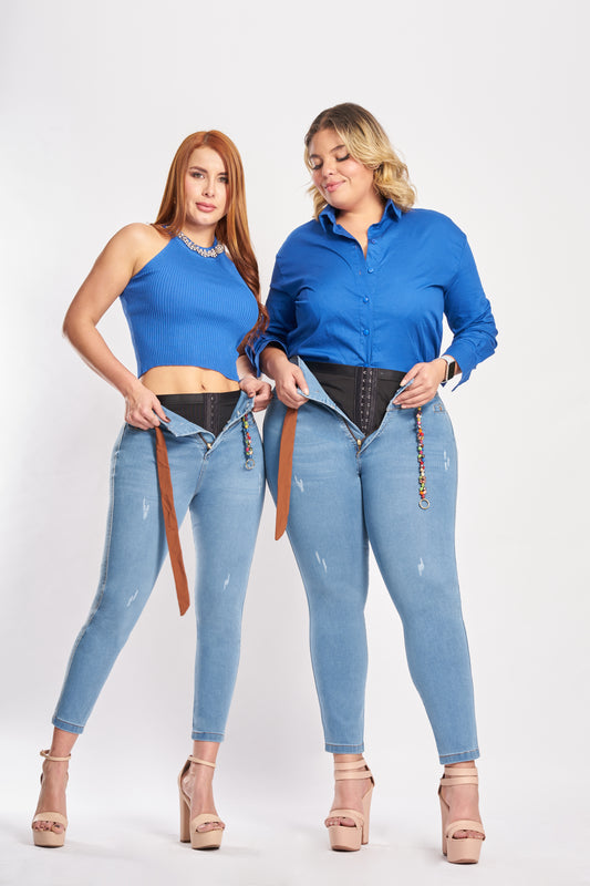 Jean Levanta Cola Doble Faja Azul Cielo