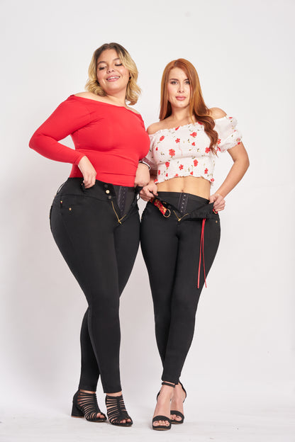 Jean Levanta Cola Doble Faja Negro